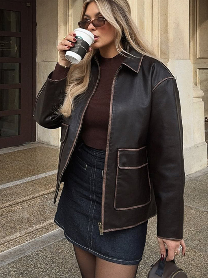 Women's Short Faux Leather Jacket in Aviator Look with Contrasting Decorative Seams Mune Fashion