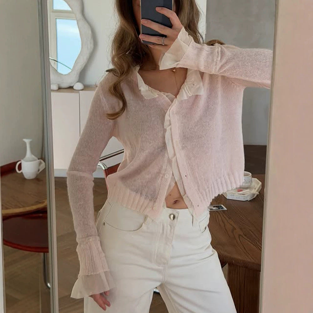 Women's Lightweight Short Mohair-Style Cardigan with V-Neck and Button Placket Mune Fashion
