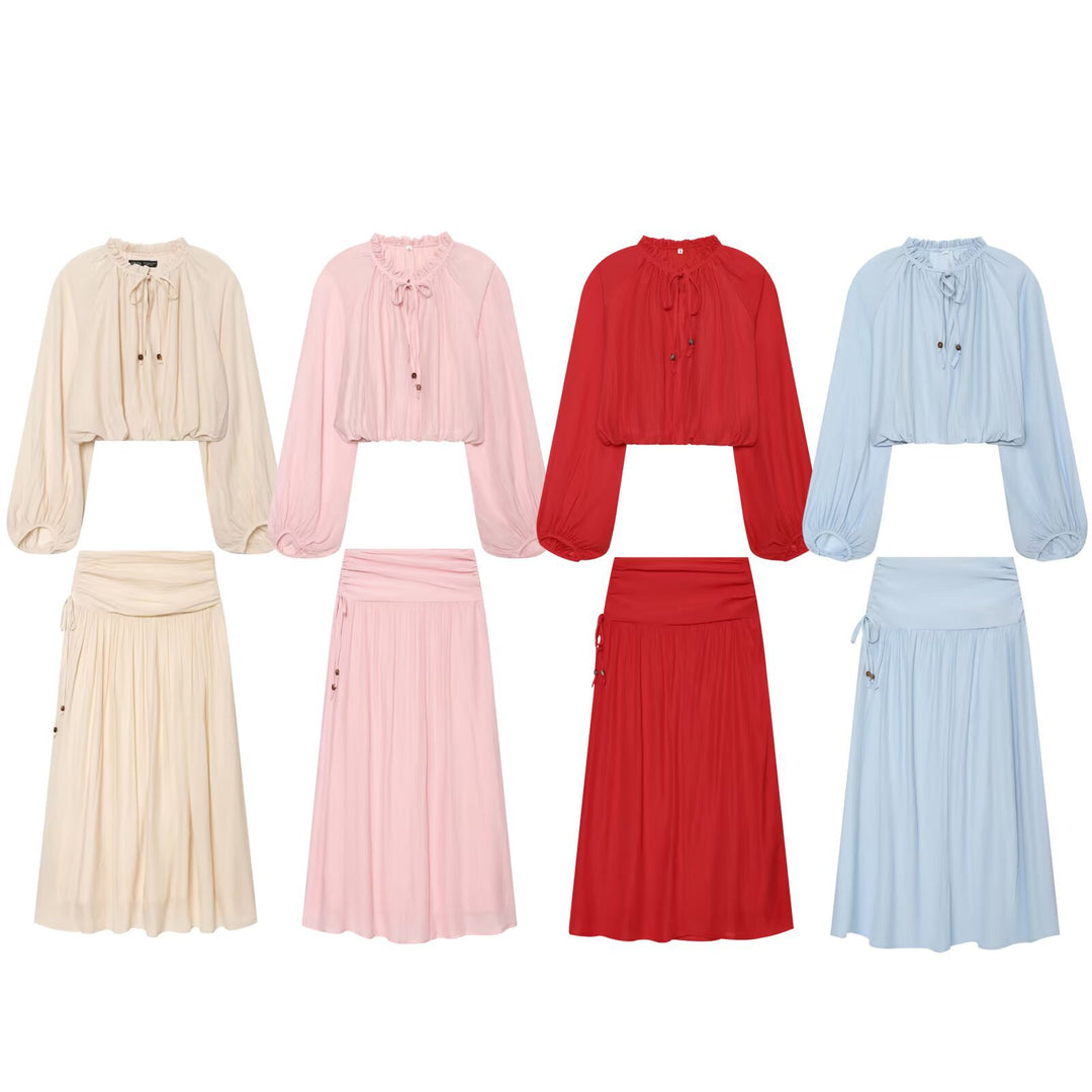 Women's Lightweight Pleated Crop Top with Ruffled Collar and Drawstring Mune Fashion