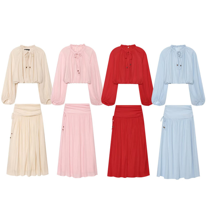 Women's Lightweight Pleated Crop Top with Ruffled Collar and Drawstring Mune Fashion