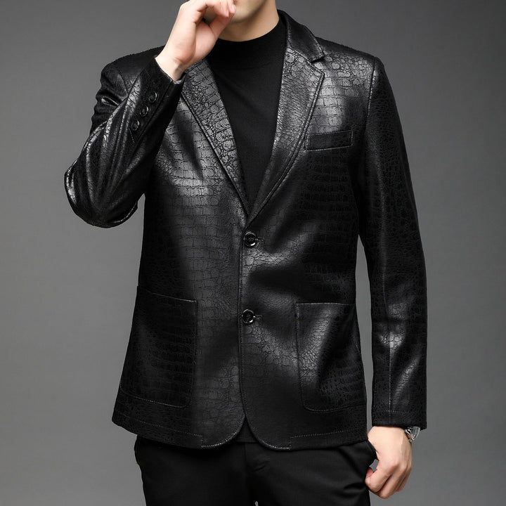 Men's crocodile-embossed leather jacket with a slim silhouette and lapel collar Mune Fashion