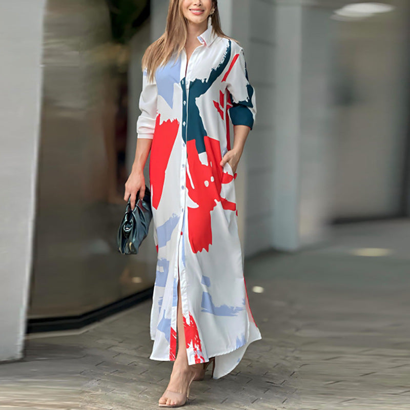 Women's Long Shirt Dress with Abstract Brush Print and Side Pockets Mune Fashion
