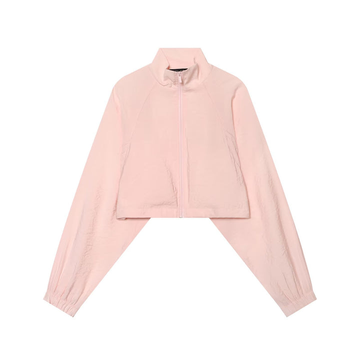 Women's Short Windbreaker Jacket with Stand Collar, Raglan Sleeves and Elastic Hem Mune Fashion