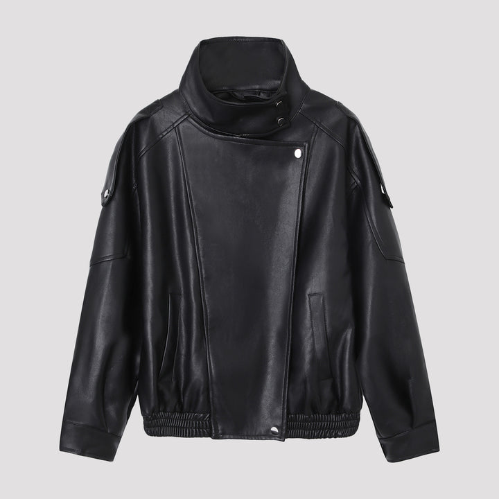 Women’s Fashion Leather Jacket with Stand-up Collar Mune Fashion