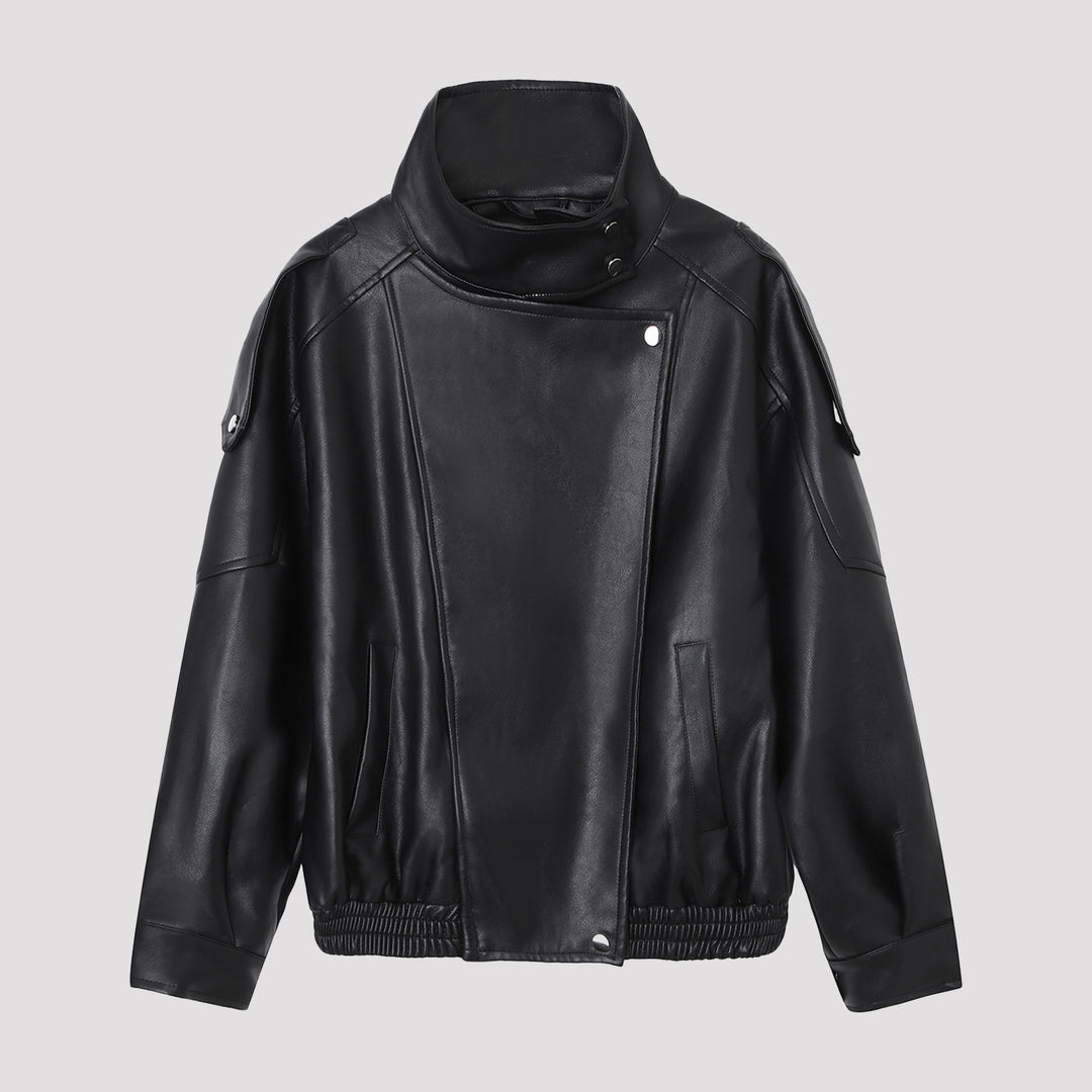 Women's Oversized Faux Leather Jacket with High Stand Collar and Asymmetric Placket Mune Fashion