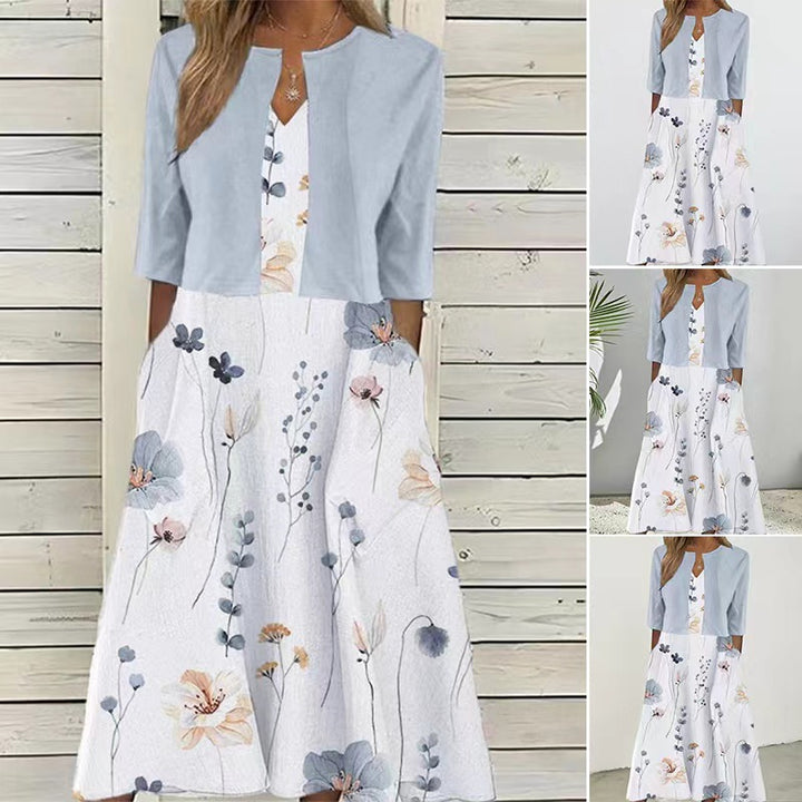 Women's midi dress with bolero look, fitted V-neck, three-quarter sleeves, and floral A-line skirt Mune Fashion