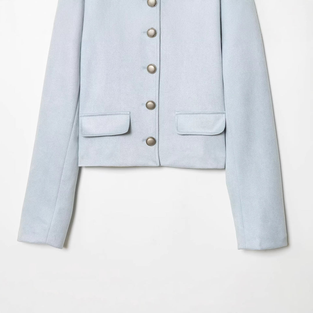 Women's Tailored Cropped Boucle Jacket with Decorative Button Placket and Flap Pockets Mune Fashion