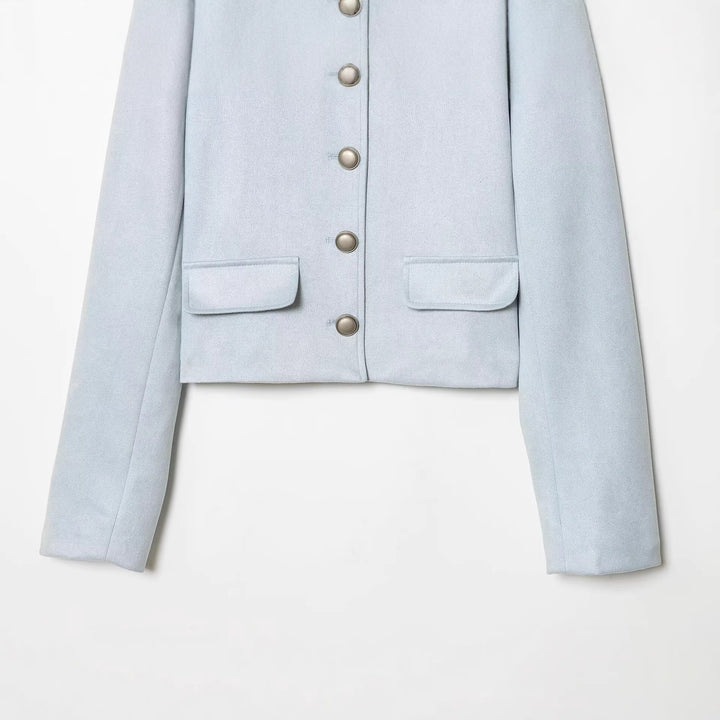 Women's Tailored Cropped Boucle Jacket with Decorative Button Placket and Flap Pockets Mune Fashion