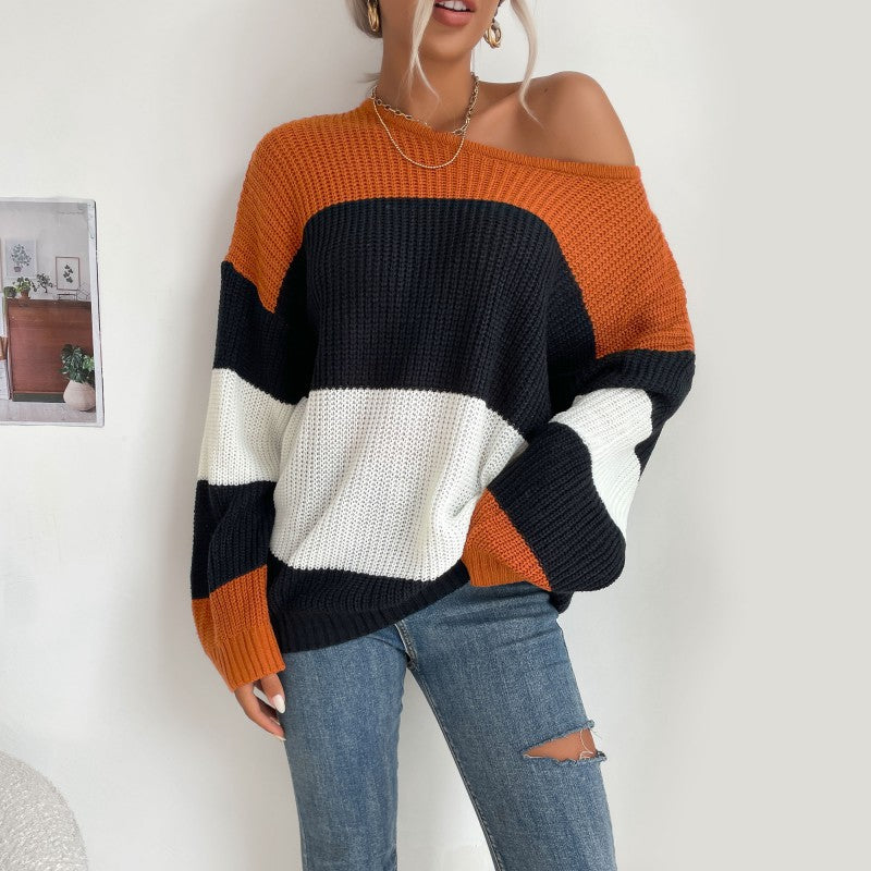 Women's Casual Striped Sweater with Off-Shoulder Design Mune Fashion