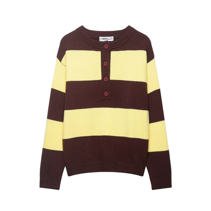 Women's Striped Chunky Knit Sweater in Boxy Cropped Style with Henley Button Placket Mune Fashion