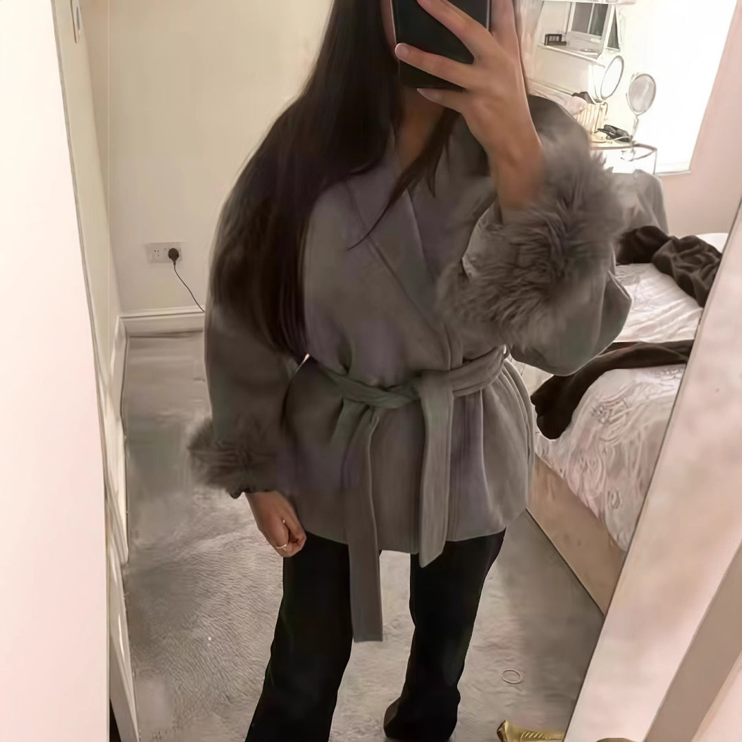 Women's fitted coat with belt tie, shawl collar and voluminous faux fur cuffs Mune Fashion