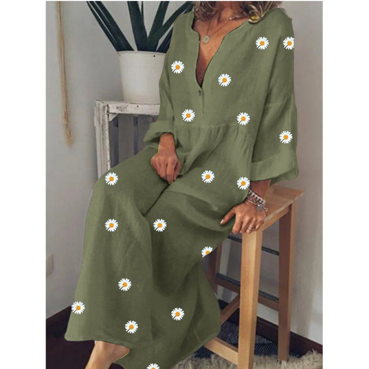 Women's Long Linen Look Maxi Dress with Deep V-Neck, Loose Empire Waist and Daisy Print Mune Fashion