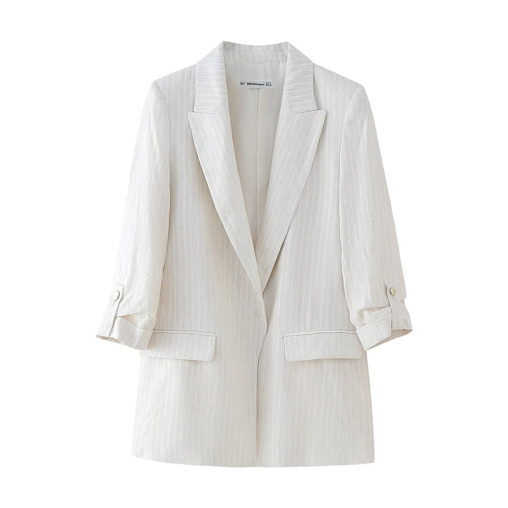 Women's linen look long blazer with wide lapels, roll-up sleeves, and flap pockets Mune Fashion