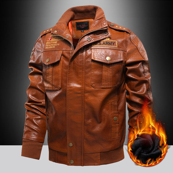 Men's insulated faux leather bomber jacket in military look with appliqués and ribbed finishes Mune Fashion