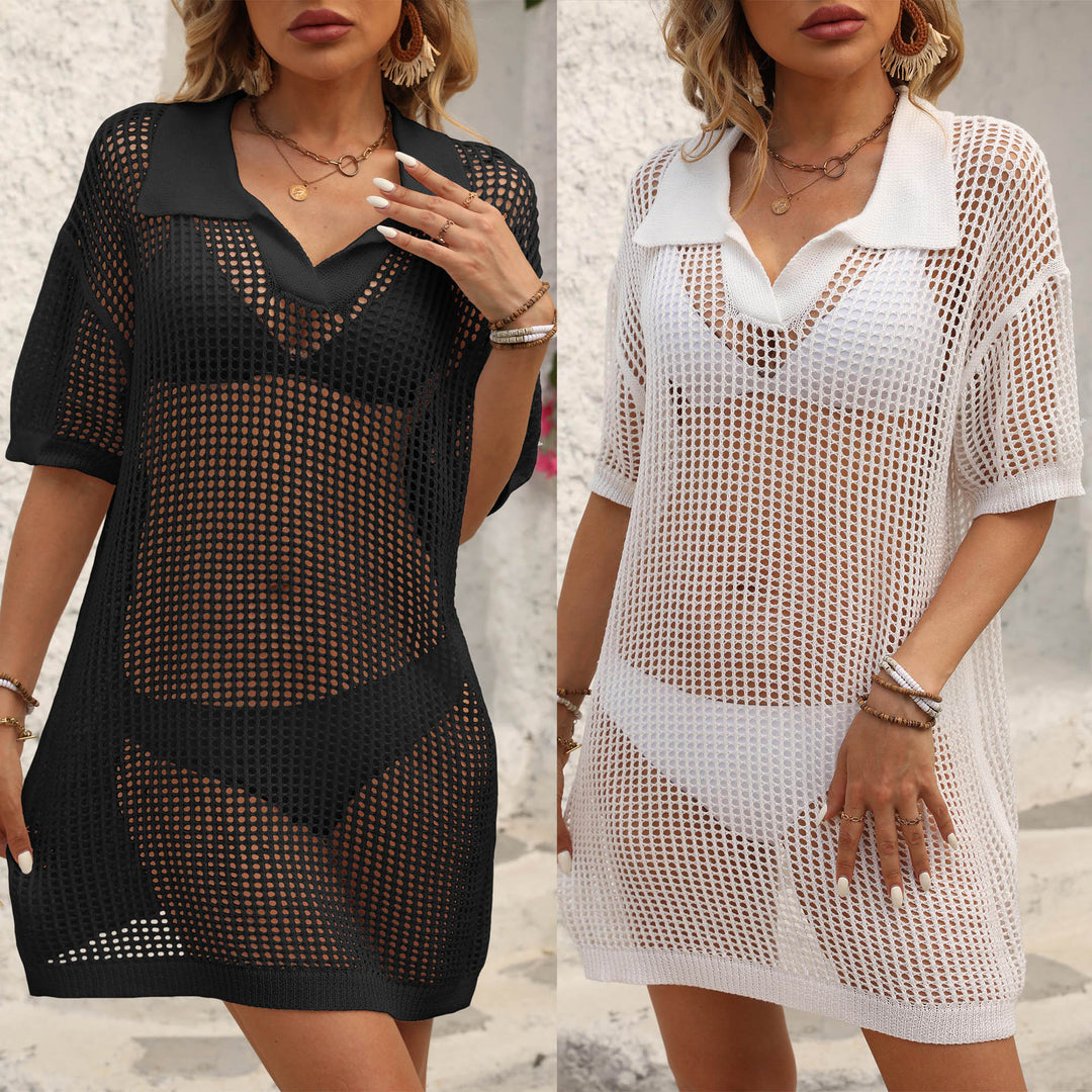 Women airy mesh beach cover-up with polo collar Mune Fashion