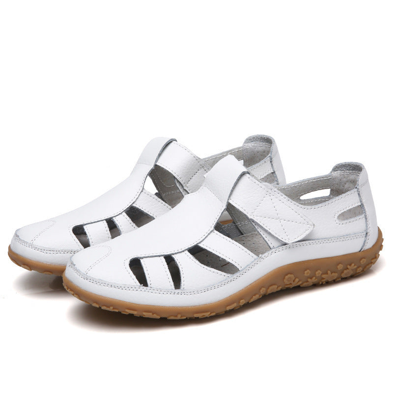 Ladies closed leather summer shoe with cutouts hook and loop fastener and cushioning nub sole Mune Fashion