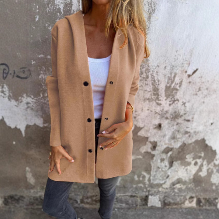 Women Straight Midi Coat made of Wool Blend with Stand Collar and Snap Button Closure Drune