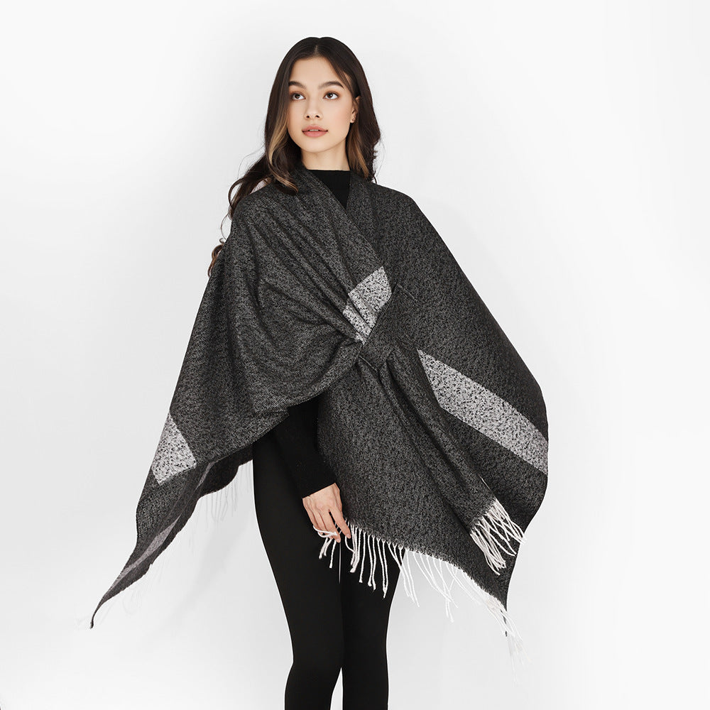 Women wool blend cape poncho with tie loops, soft woven oversized cover-up and fringe hem Mune Fashion