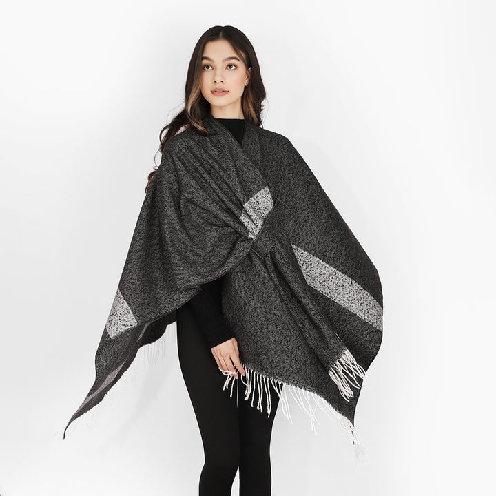 Women wool blend cape poncho with tie loops, soft woven oversized cover-up and fringe hem Mune Fashion