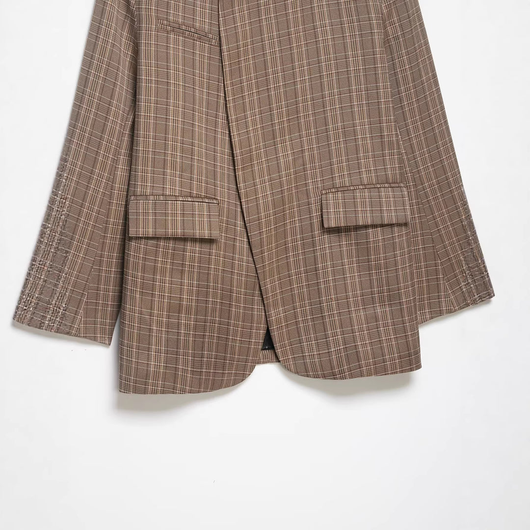 Women's Oversized Glencheck Blazer with Stand Collar and Asymmetrical Button Placket Mune Fashion
