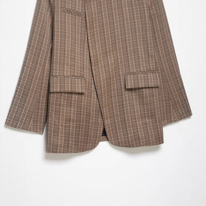 Women's Oversized Glencheck Blazer with Stand Collar and Asymmetrical Button Placket Mune Fashion