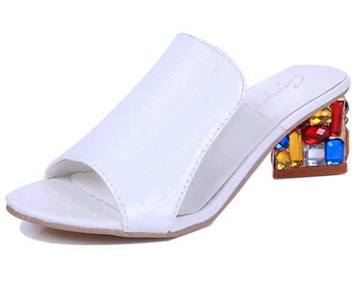 Women's embossed mule with open toe and faceted gemstones on the block heel Mune Fashion