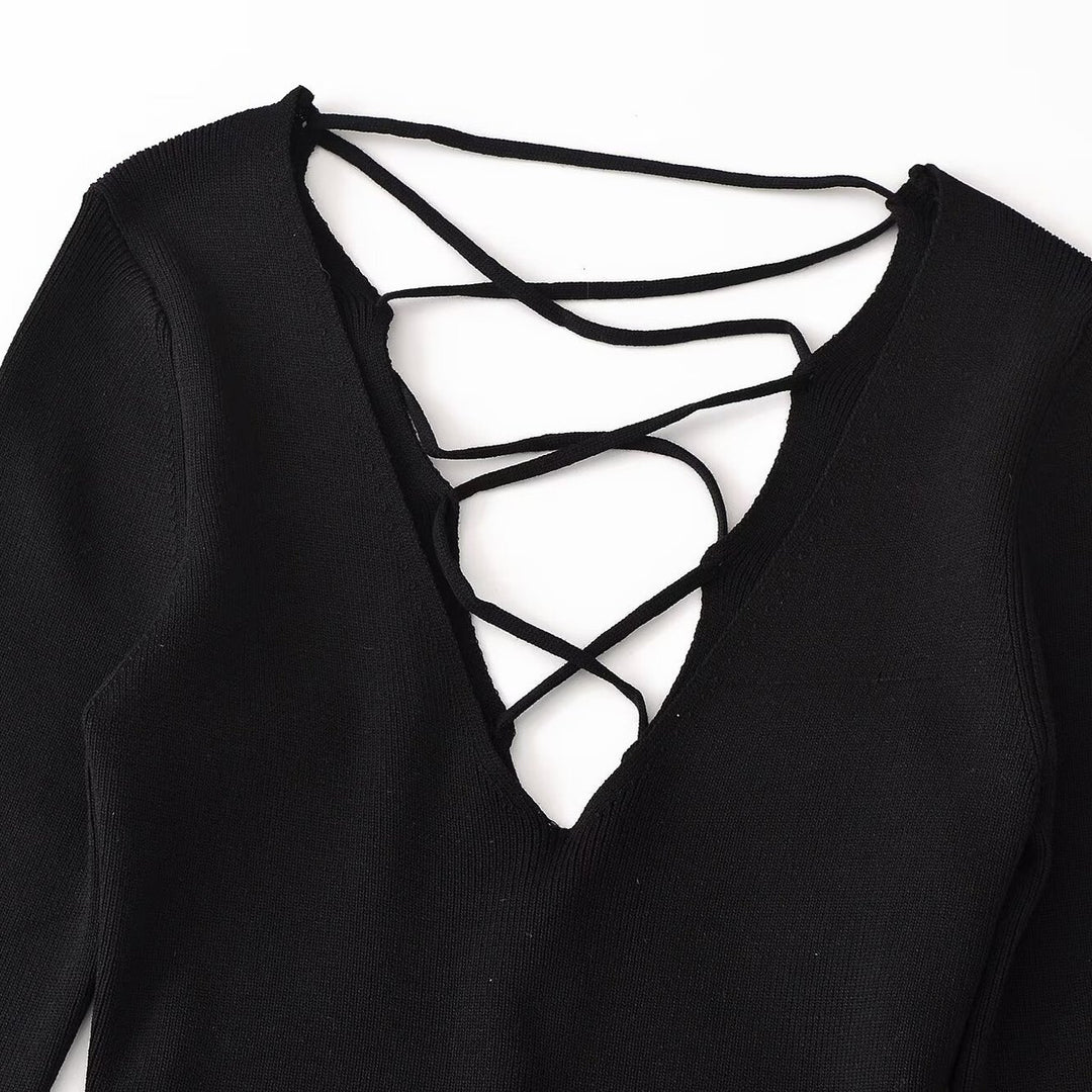 Women's Cropped Fine Knit Top with Deep V-Neck, Decorative Lacing Front and Drawstring Hem