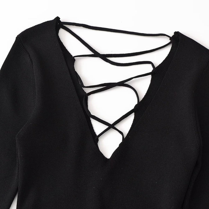 Women's Cropped Fine Knit Top with Deep V-Neck, Decorative Lacing Front and Drawstring Hem