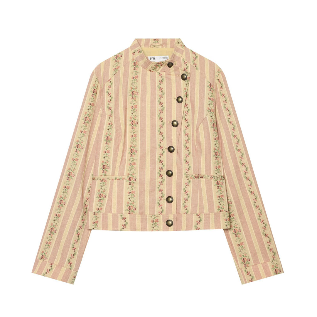 Women Striped Short Jacket in Vintage Look with Stand-Up Collar and Asymmetrical Button Placket Drune
