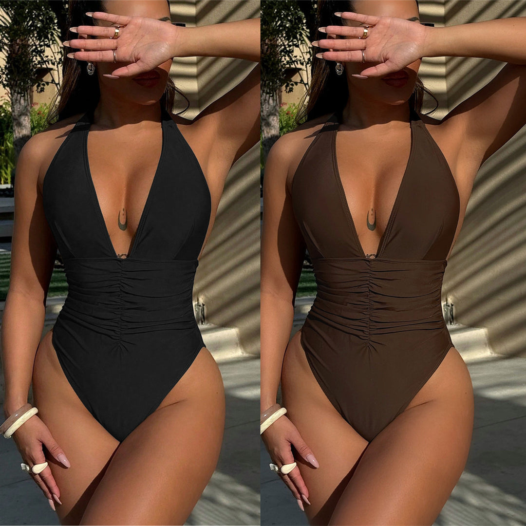 Ladies' One-Piece Swimsuit with Deep V-Neck and Gathered Details Mune Fashion