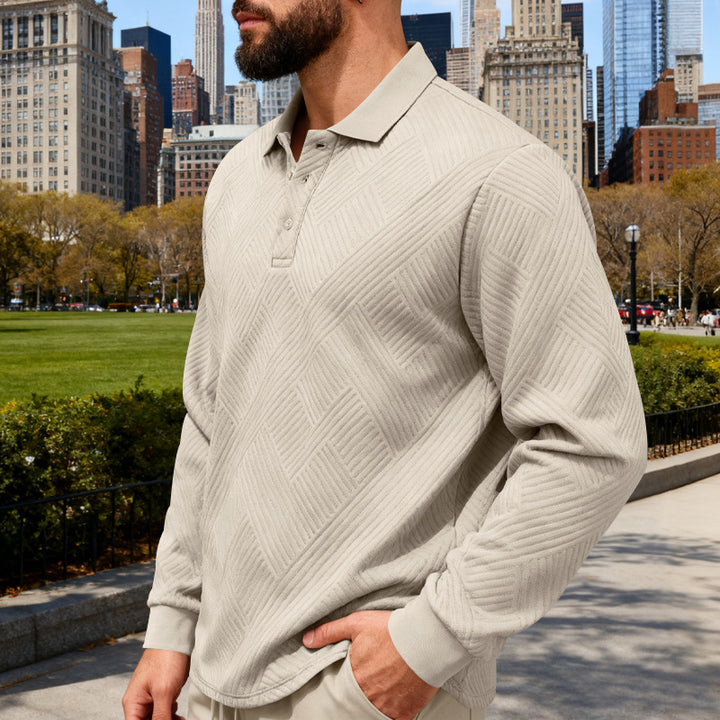 Men's textured long sleeve polo with embossed waffle texture and half-button placket Mune Fashion