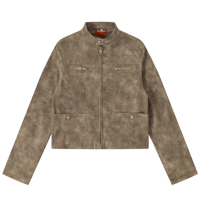Women's short cut biker jacket in suede look with stand-up collar and chest zipper Mune Fashion