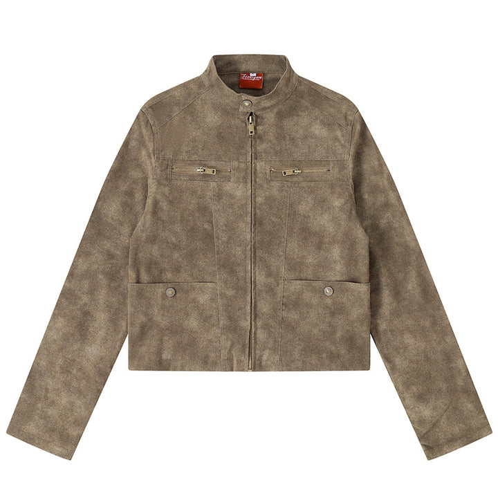 Women's short cut biker jacket in suede look with stand-up collar and chest zipper Mune Fashion