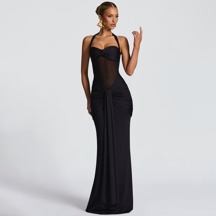 Women's figure-hugging halter evening dress with transparent mesh insert and gathered hip area Mune Fashion