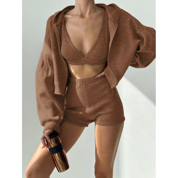 Women's short ribbed lounge set with hooded zip jacket and high-waist shorts Mune Fashion