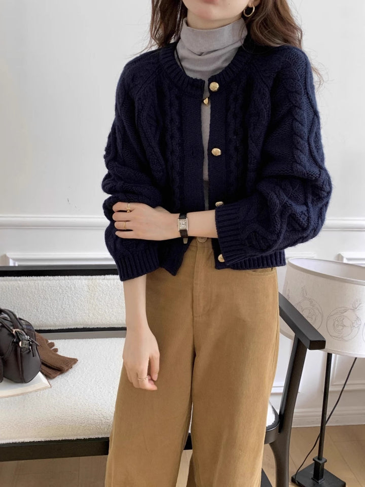 Women Short Cable Knit Cardigan with Gold Decorative Buttons Mune Fashion