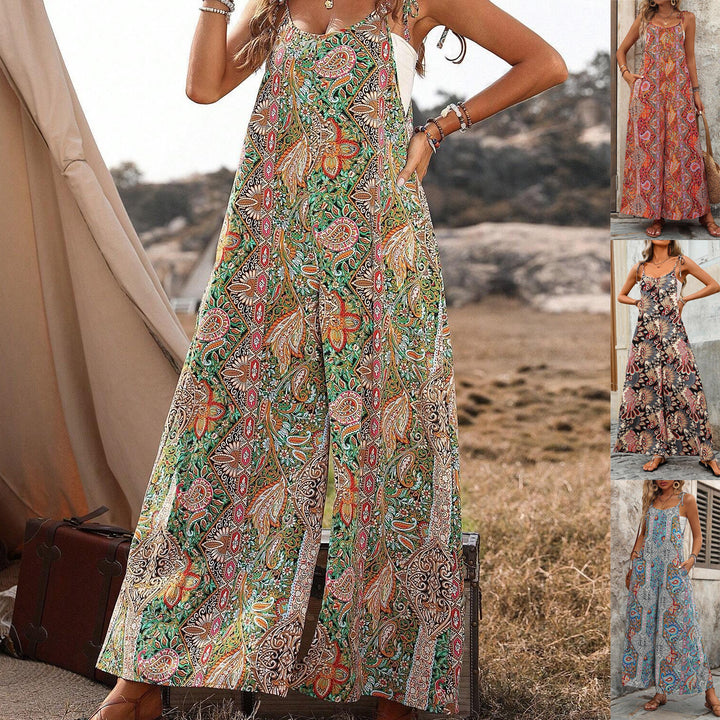 Women's Wide Palazzo Jumpsuit with Adjustable Straps, Side Pockets and Boho Print Mune Fashion