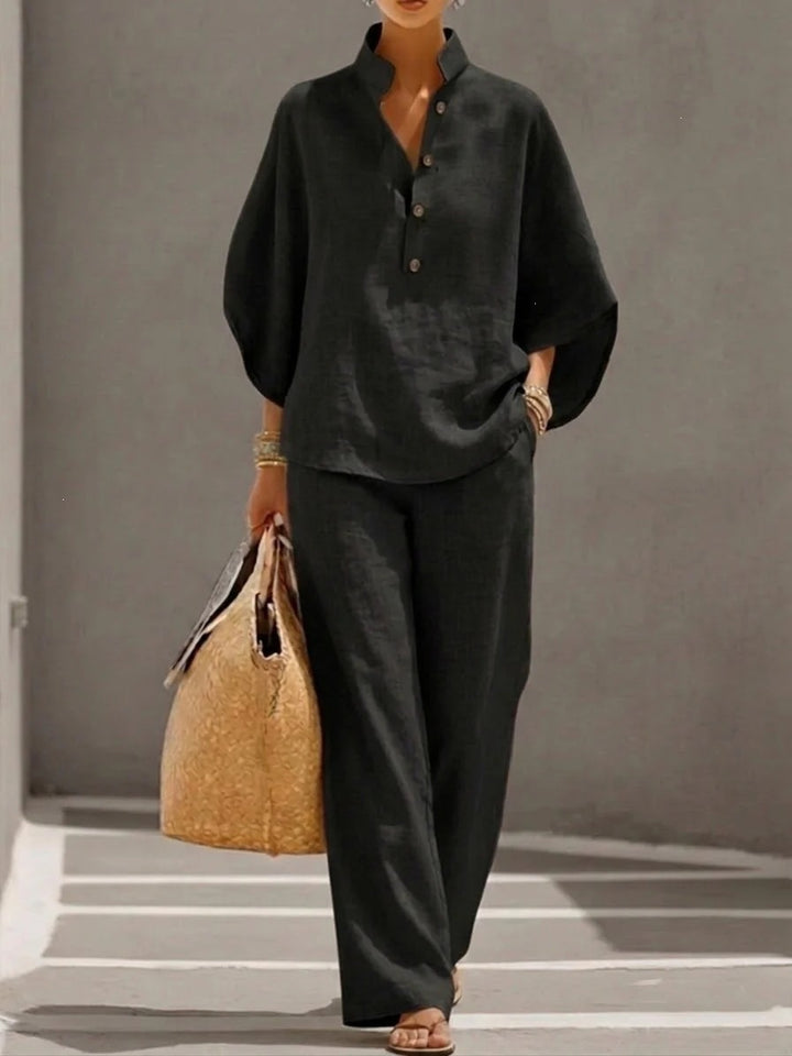 Women's Loose Linen Look Two-Piece with Stand-Up Collar Blouse and Wide Palazzo Pants Mune Fashion