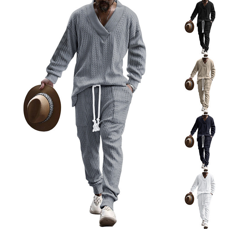 Men's Structured Knit Lounge Set with Deep V-Neck and Drawstring Pants Mune Fashion