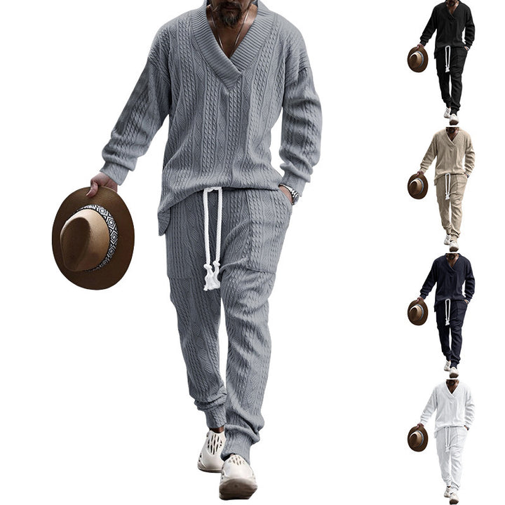 Men's Structured Knit Lounge Set with Deep V-Neck and Drawstring Pants Mune Fashion
