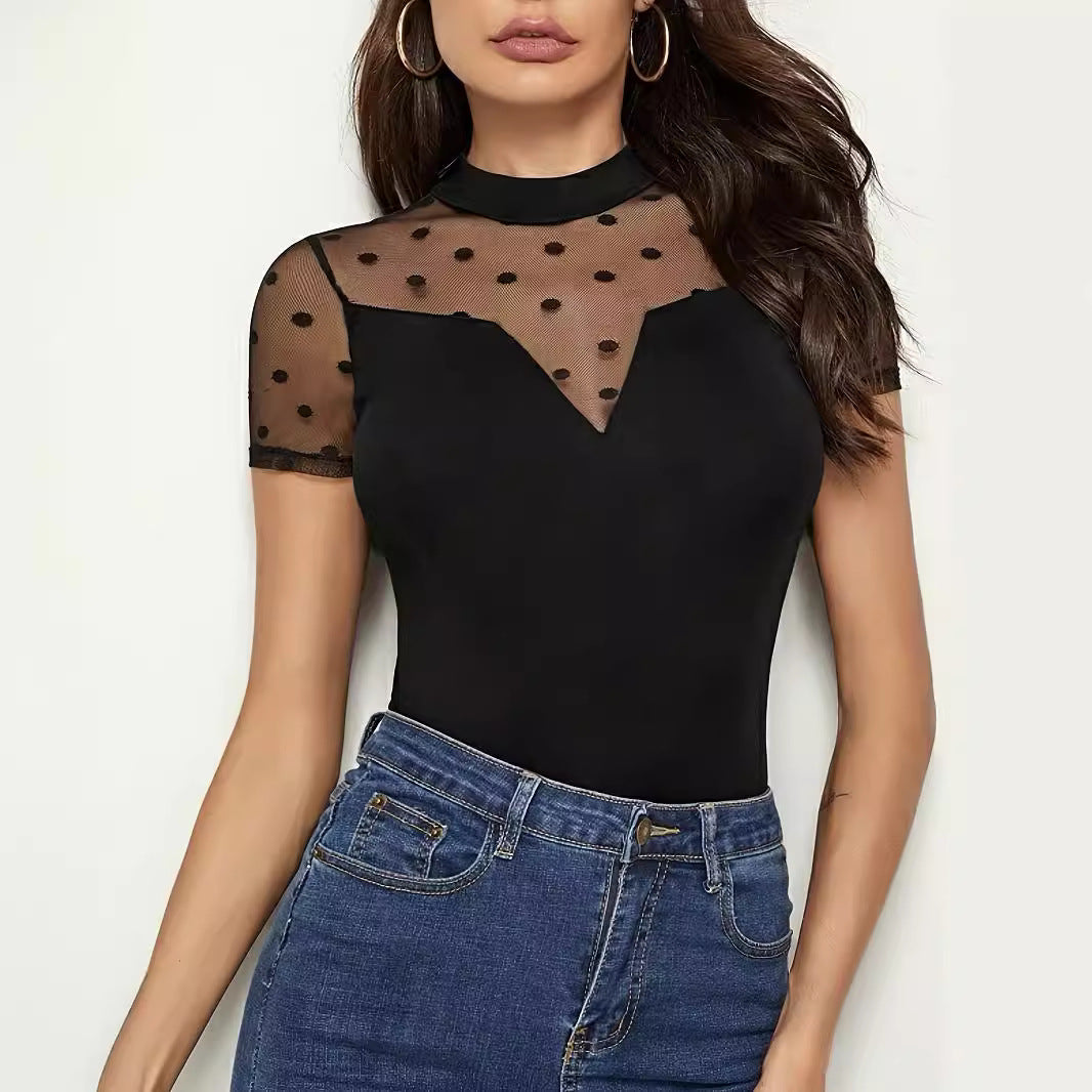 Women's figure-hugging tulle body with dot tulle, stand-up collar and V insert Mune Fashion