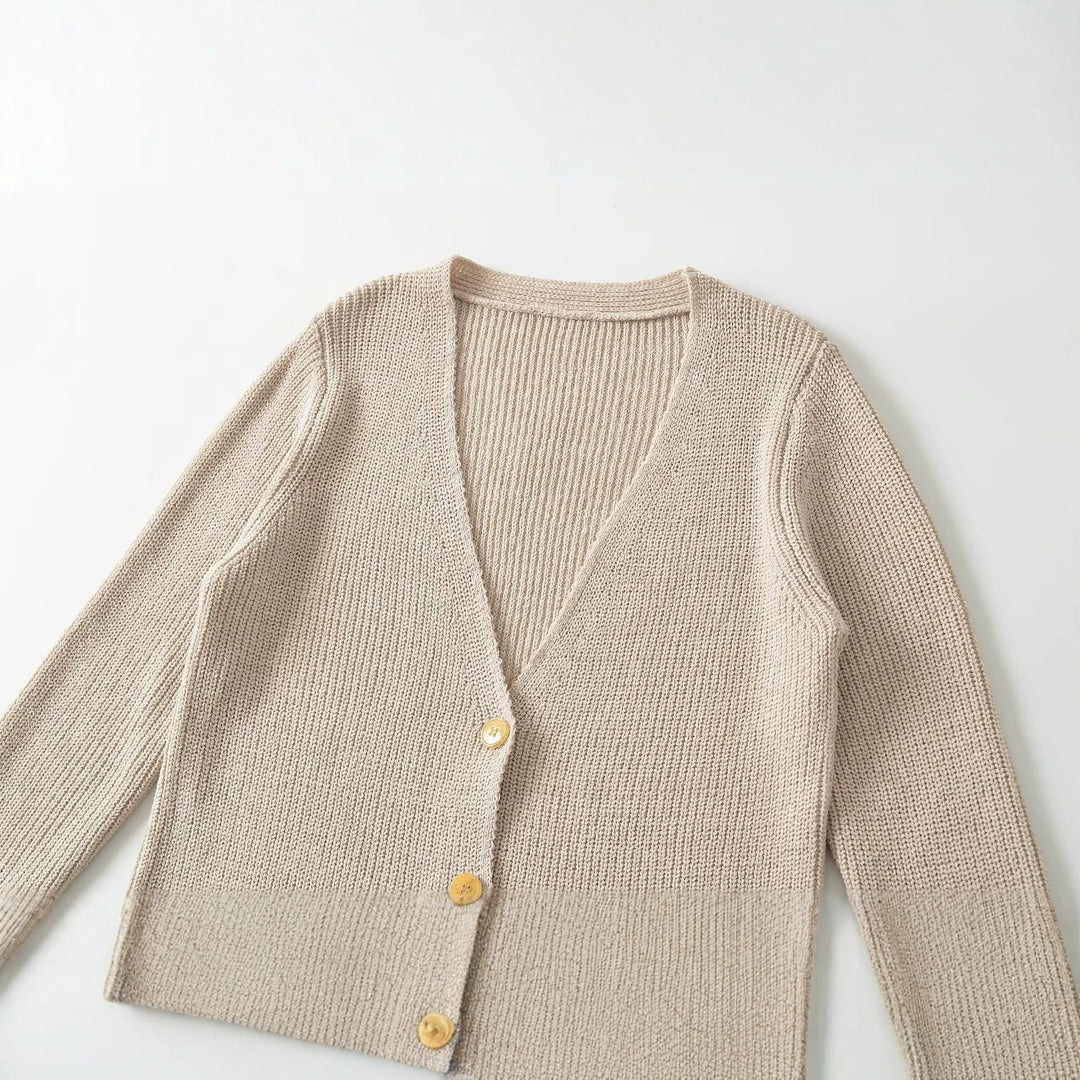 Women Longline Knit Cardigan with V-Neck and Wooden Buttons Drune