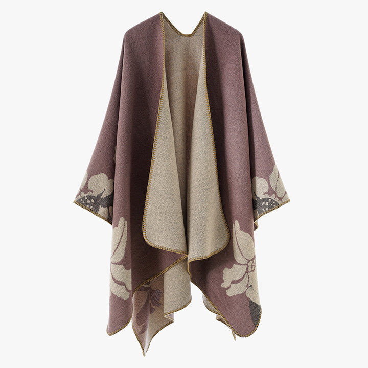 Women's Reversible Wool Blend Cape with Floral Jacquard and Open Draping Mune Fashion