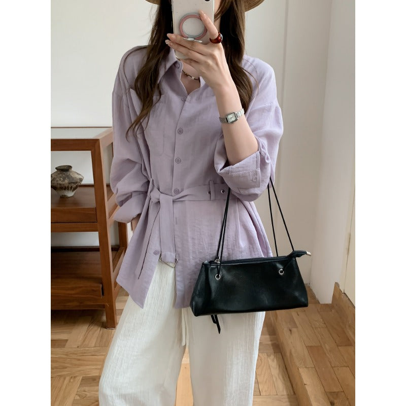 Women's Loose-Fit Linen Shirt Blouse with Waist Belt and Breast Pocket Mune Fashion