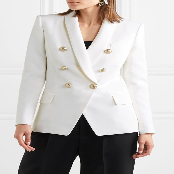 Women's Tailored Double-Breasted Blazer in Tuxedo Tailoring with Shawl Collar and Golden Decorative Round Buttons Mune Fashion