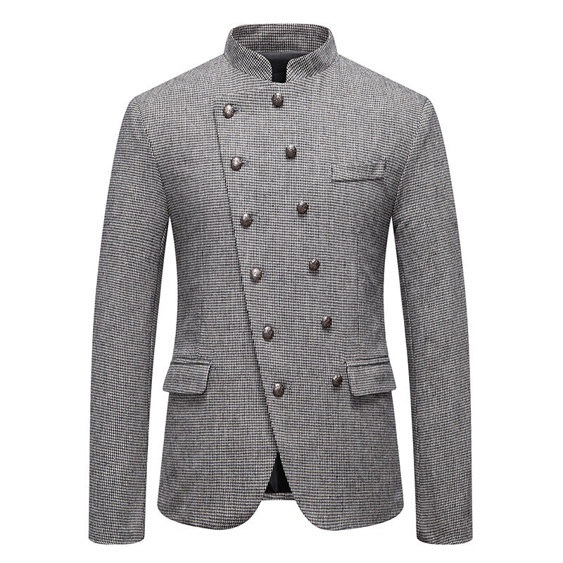 Men's fashionable military blazer with standing collar, decorative button row, and fine texture Mune Fashion