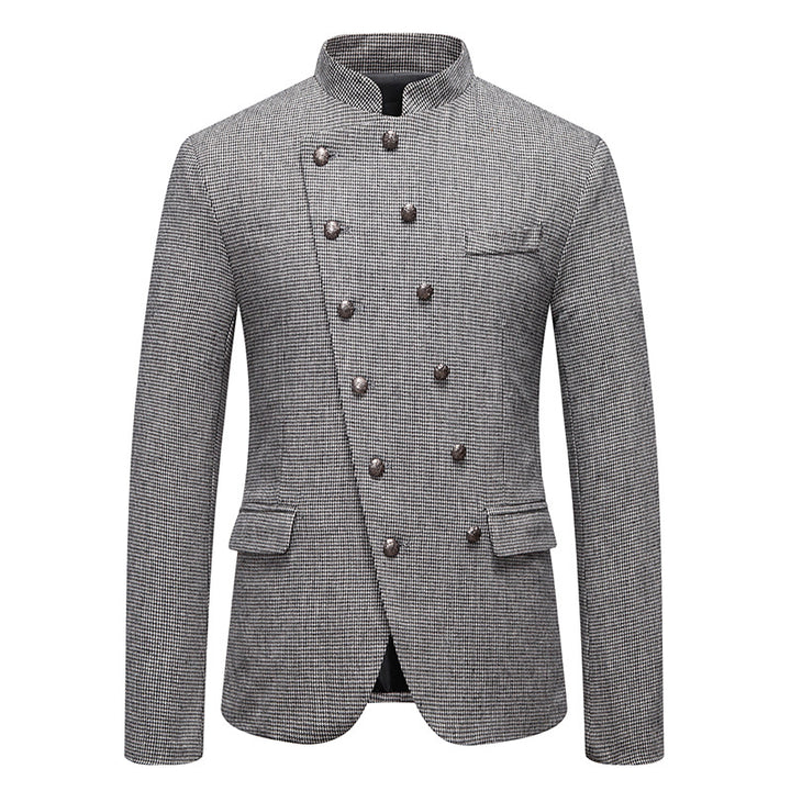 Men's fashionable military blazer with standing collar, decorative button row, and fine texture Mune Fashion