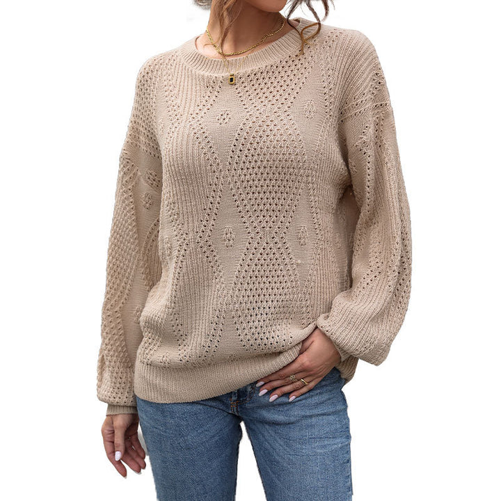 Women's Structured Openwork Knit Sweater with Diamond Pattern and Balloon Sleeves Mune Fashion