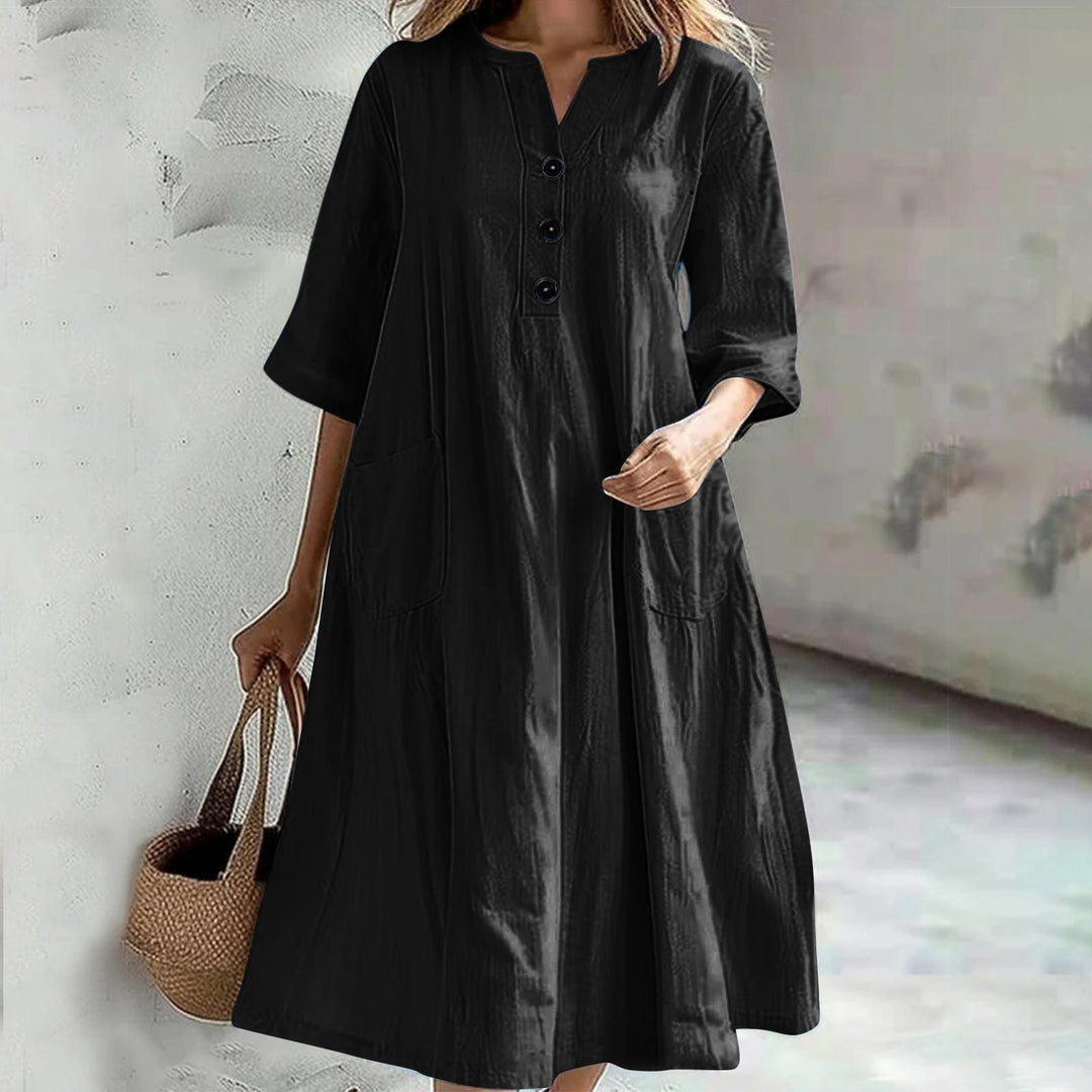 Women's casual falling A-line dress with V-neck button placket, 3/4 sleeves and patch pockets Mune Fashion