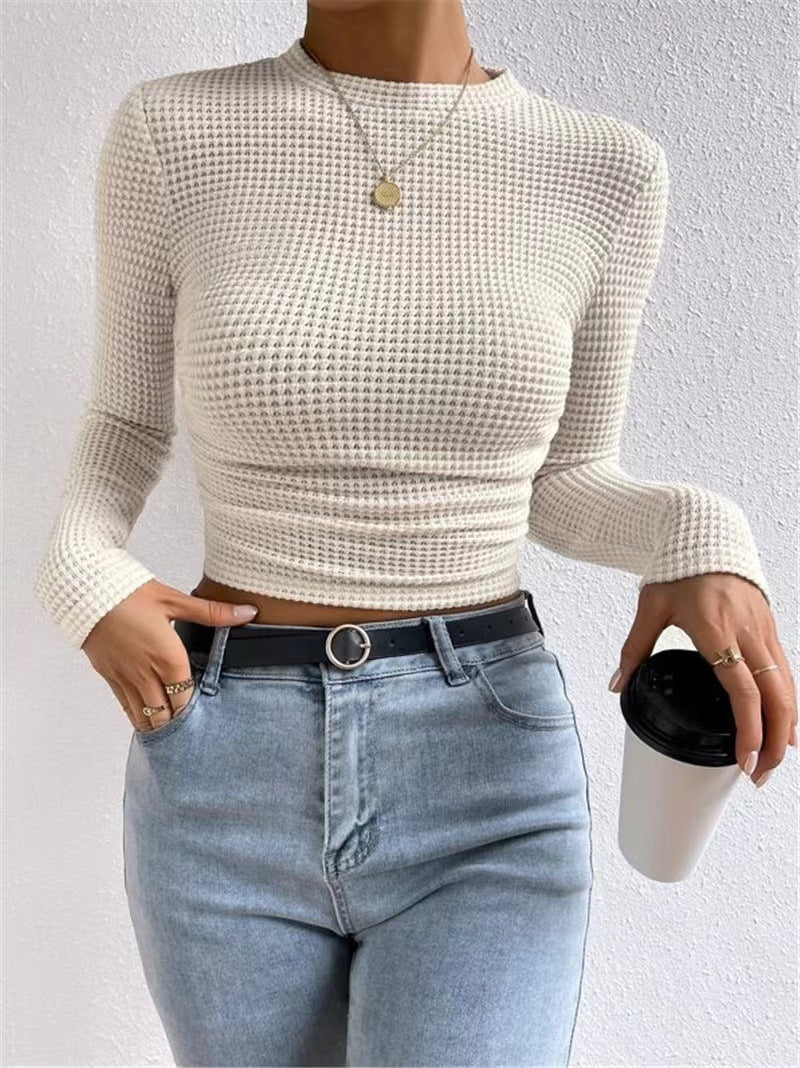 Women’s tailored short-cut waffle knit shirt with round neck and figure-hugging fit Mune Fashion